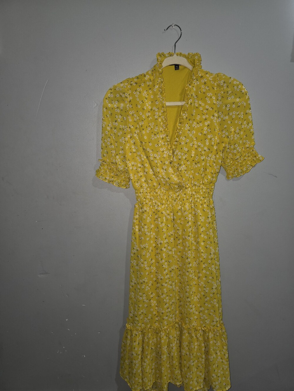 Yellow Floral Smocked Waist Midi Dress-Petite Small